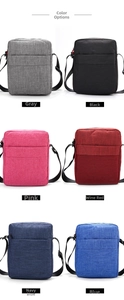 Vertical oxford fabric crossbody bags shown in grey, black, pink, red, navy, and blue