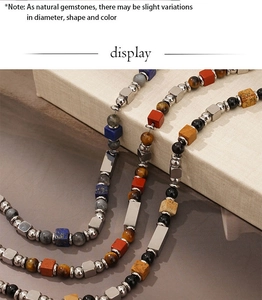 Macro view of men's beaded bracelet featuring natural tiger eye and lapis lazuli stones