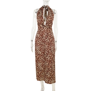 Detailed view of backless deep V-neck leopard print maxi dress with slim fit tailoring