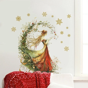 Festive Santa Christmas tree wall sticker with elegant female figure and gold snowflakes