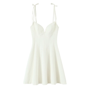 Close-up of white floral poplin mini dress featuring corset bust and camisole straps