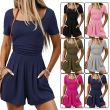 Detailed grid showing women's V-neck pleated short sleeve romper in various vibrant colors