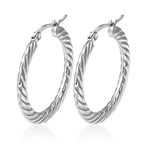 Silver twisted stainless steel hoop earrings with textured embossed round design
