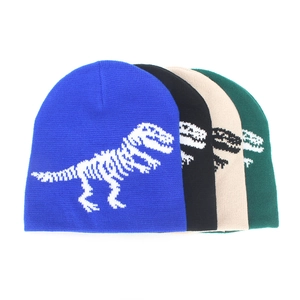 Close-up of four colors showing fine knit texture and white dinosaur skeleton pattern