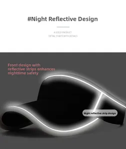Detail of reflective strips on the black sun visor hat for high visibility during night runs