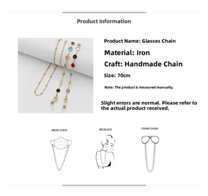 Detailed view of 70cm colorful handmade bead glasses chain with gold iron link strand