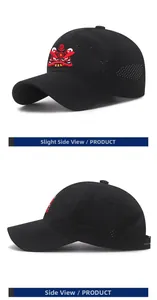 Dual view of black mesh baseball cap featuring traditional red lion dance embroidery