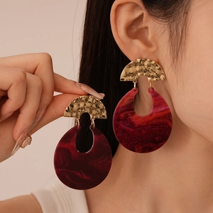 Orecchini Pendenti Geometrici Rame Martellato Texture Marmo Resina Rossa Con Perno In Argento Retrò Esagerato Per Donne