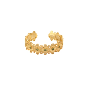 Elegant gold daisy bangle featuring green crystals and sparkling zircon floral accents