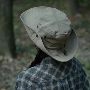 Khaki outdoor sun hat with wide brim and adjustable drawstring for hiking and camping