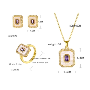 Detail specifications for gold 18K plated jewelry set with purple stones and pearl inlay