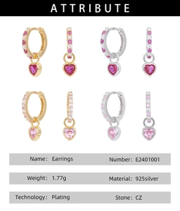 Detail of S925 sterling silver heart earrings with pink cubic zirconia stones
