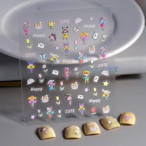 Nail Art Stickers Embossed Cute Cartoon Girl Flower Tulip Pattern Waterproof Manicure Decoration DIY Accessories