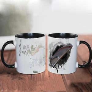 Ceramic mugs with guzheng instrument print, black interior, and traditional poetry decor