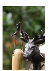 Detail of vintage cast iron deer head wall hook showing texture and hanging utility