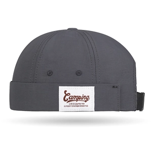 Dark grey quick-dry brimless docker cap with camping embroidery and metal eyelets