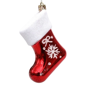 Red Christmas stocking ornament with white glitter snowflake and festive bow decoration