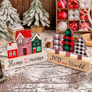 Christmas wooden house and tree table ornaments with Home for the Holidays text