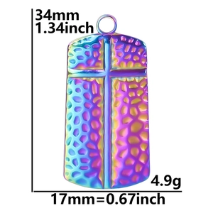 Rainbow stainless steel cross pendant with hammered texture and size measurements