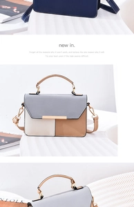 Detailed view of color-block tote bag with gold hardware and removable shoulder strap