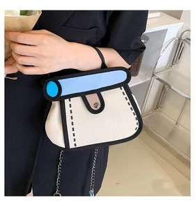 Close-up of 2D cartoon style canvas crossbody bag with thick black outlines and metal chain