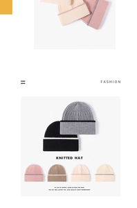 Detailed grid of six assorted winter knit hats in black, grey, pink, and beige tones