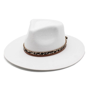 White wool felt wide brim fedora hat with leopard print band and classic pinched crown
