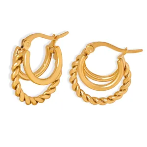 Titanium Steel Hoop Earrings 18K Gold Plated Twist Rope C Shape Multi Layer Minimalist Retro Jewelry For Women