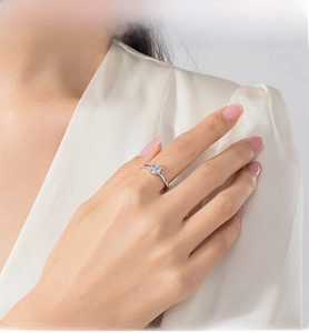 Detailed view of an S925 silver heart ring with a sparkling square zircon on a model