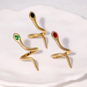 Snake Ring Vintage Stainless Steel 18K Gold Plated Adjustable Open Serpent Animal Design Textured Scale Jewelry For Women