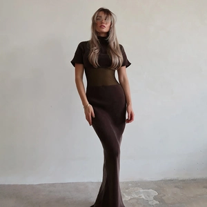 Detail view of dark brown tight-fitting maxi dress with high neck and short sleeves