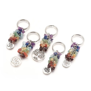 Colorful Natural Crystal Chip Seven Chakra Keychain With Life Tree Lotus Om Metal Pendant Spiritual Yoga Healing Stone Keyring For Women Men Backpack Accessories