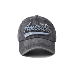 Washed dark grey cotton baseball cap with blue America embroidery and EST.1964 detail