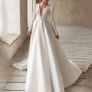 Abito Da Sposa In Raso Bianco Scollo A V Profondo Manica Lunga A Sbuffo Elegante Abito Lungo Con Cintura Per Donna