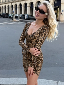 Robe moulante sexy à imprimé léopard, manches longues, col en V et poignets noués