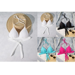 Halter tie bikini tops with pleated cups in white, black, blue, and rose red colors