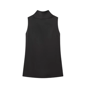 Elegant sleeveless black satin high-neck top with minimalist glossy silk-like finish