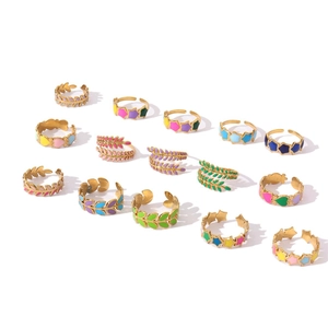 Set of 15 colorful enamel gold-plated adjustable rings with heart and star patterns