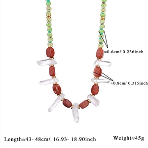 Detailed view of colorful natural stone necklace with length and bead size measurements