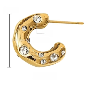 Detail view of gold C-shaped earrings showing dimensions 19mm with zircon inlay