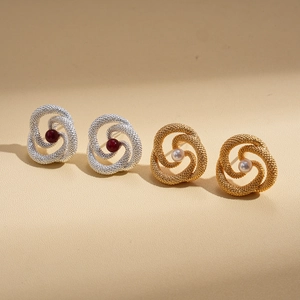 Vintage hollow geometric earrings with faux pearls and red gemstones in gold and silver