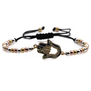 Adjustable Hamsa Hand bracelet with blue enamel, zircon accents and tricolor metal beads