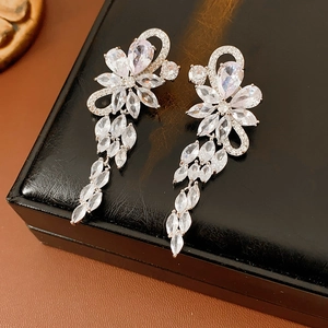 Close-up of vintage tassel earrings with sparkling marquise and teardrop cubic zirconia