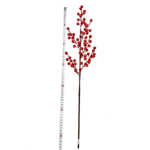 Red artificial berry branch with 12 stems measuring 64cm long on white background