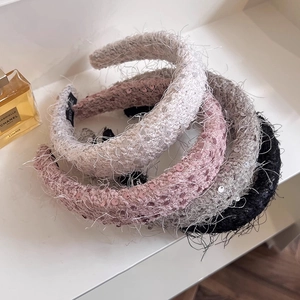 Chic tweed hairbands in white, pink, and black with sequins for high cranial top look
