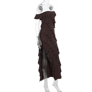 Detail of ruffled brown off-shoulder dress with high slit and layered tiers