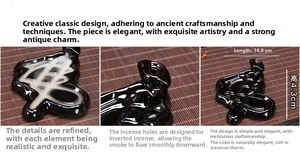 Detail of black glazed ceramic backflow incense burner showing 14.0cm length and smoke hole