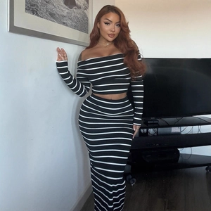 Women Striped Rib Knit Off Shoulder Long Sleeve Crop Top And Bodycon High Waist Maxi Skirt Sexy Slim Fit