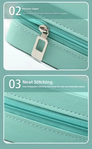 Detail of mint green cross-grain PU leather jewelry box with smooth silver metal zipper