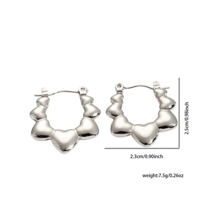 Detailed size chart showing silver heart hoop earrings dimensions 2.5cm by 2.3cm